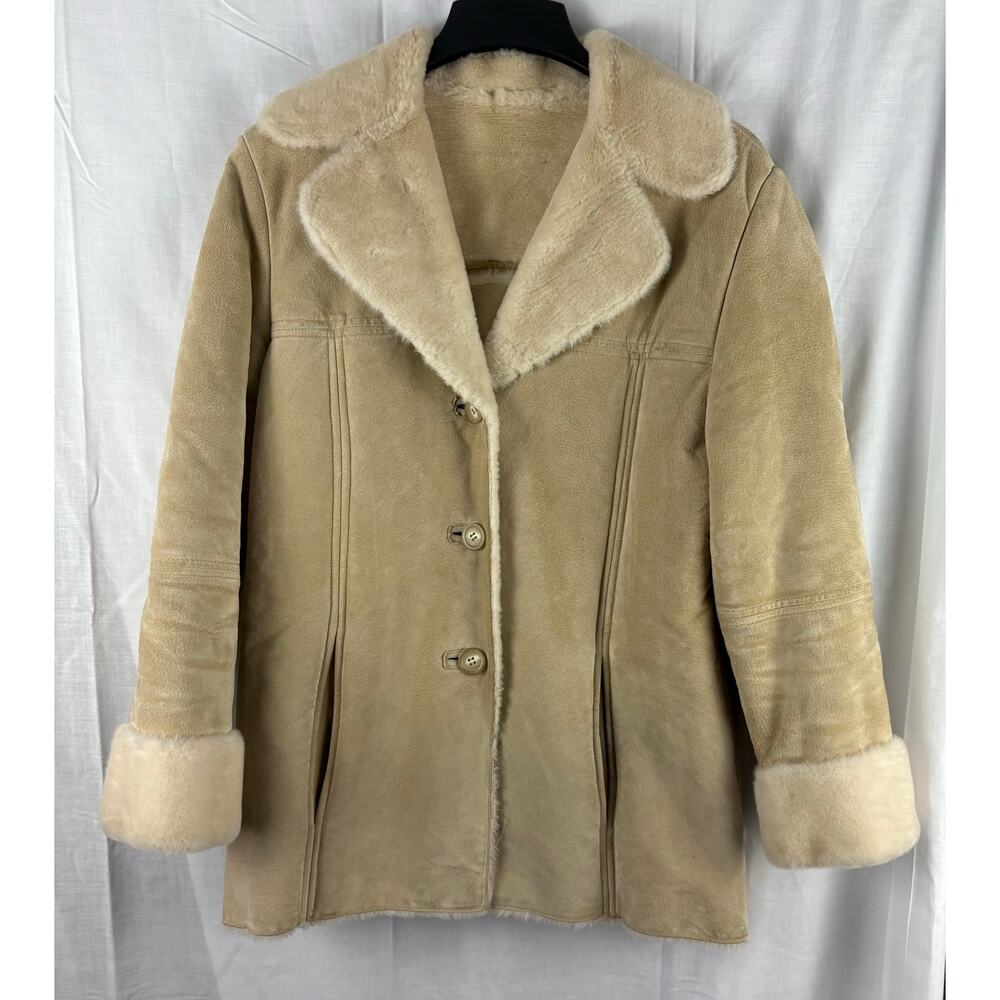 Vintage Winlit Tan Cream Suede Leather Faux Fur Lined Coat Boho Penny Lane M